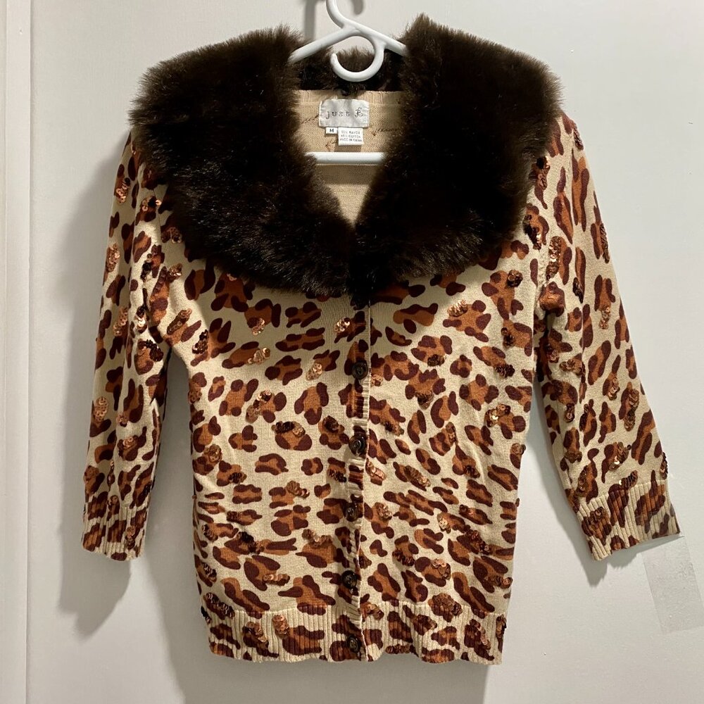 Just B Faux Fur Sequins Animal Leopard Pr. Festival Indie Mobwife 90s Cardigan M